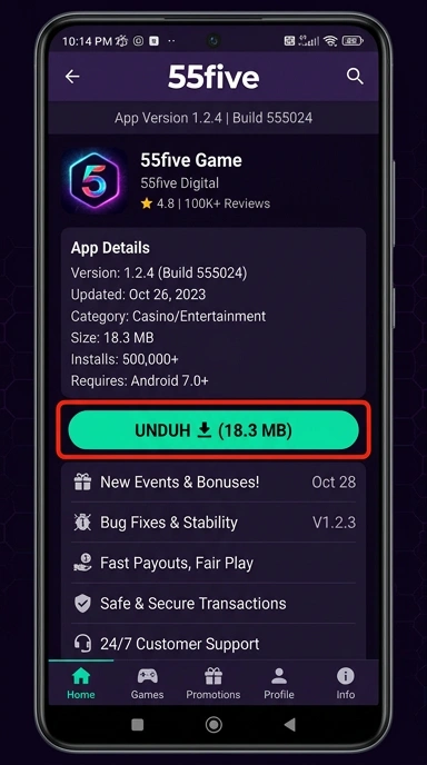Tampilan halaman APK 55five