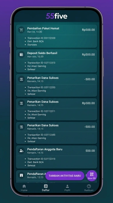 Tampilan halaman daftar 55five